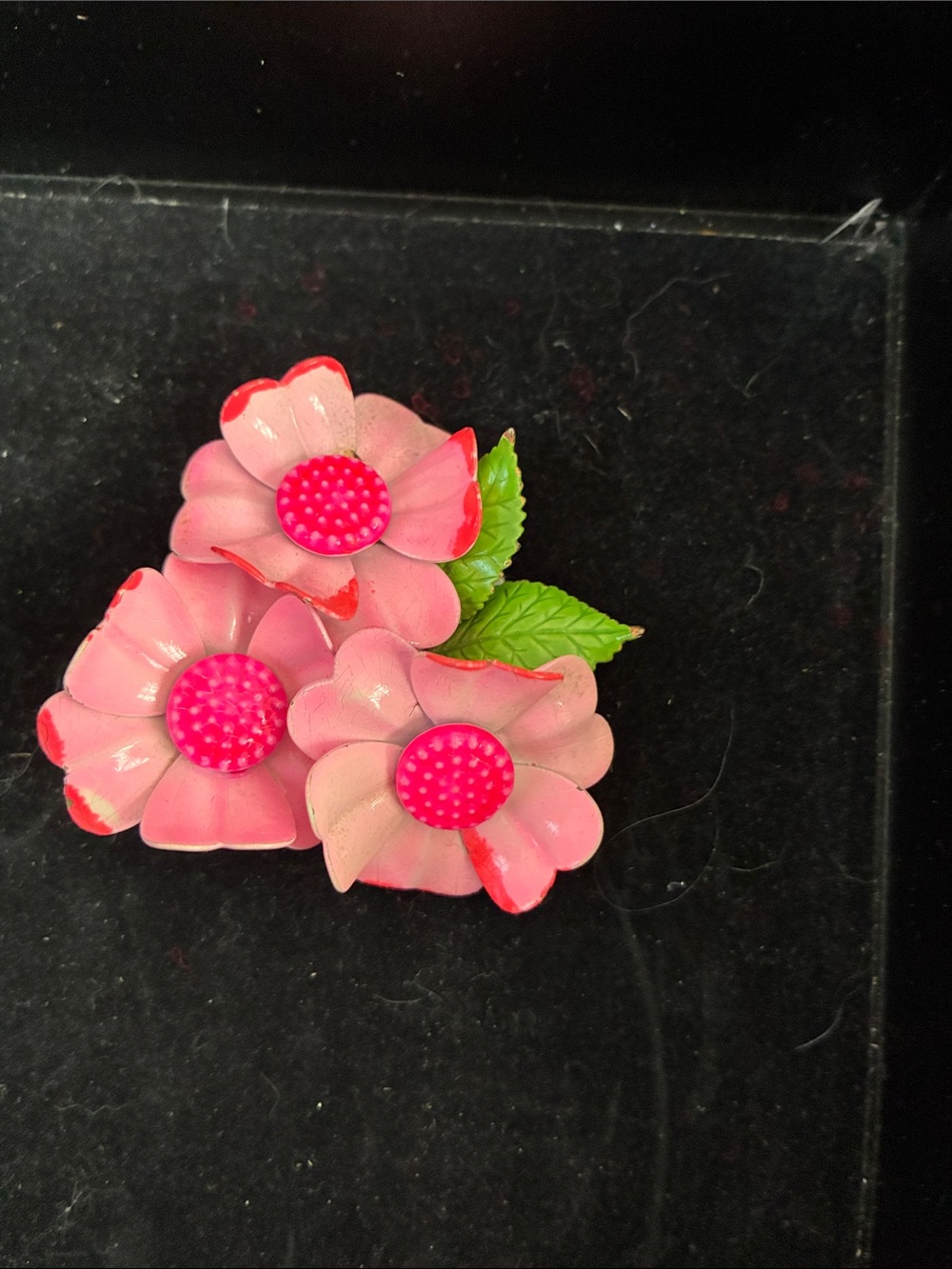 Pink Floral Trio Brooch with Green Leaves